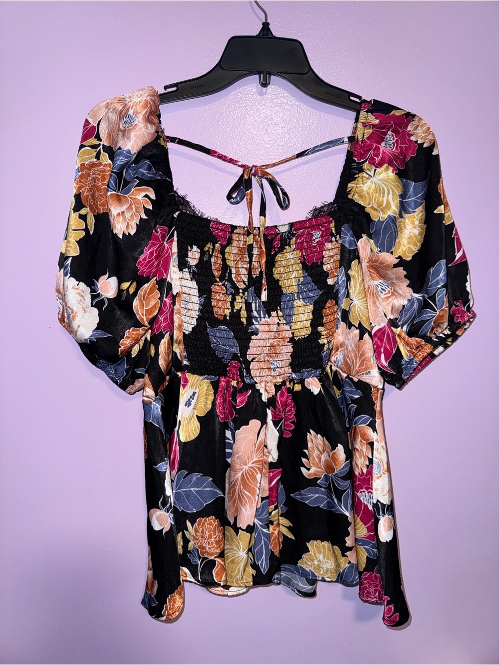 Maurices Black Floral Peplum Blouse with Puff Sleeves